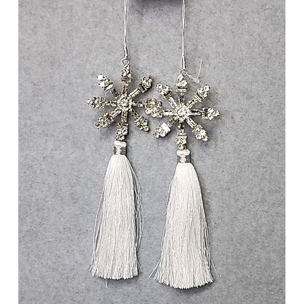 Snowflake Christmas‎ Tree Ornaments Rhinestones White Tassels 2 Pc Shabby 8" NEW